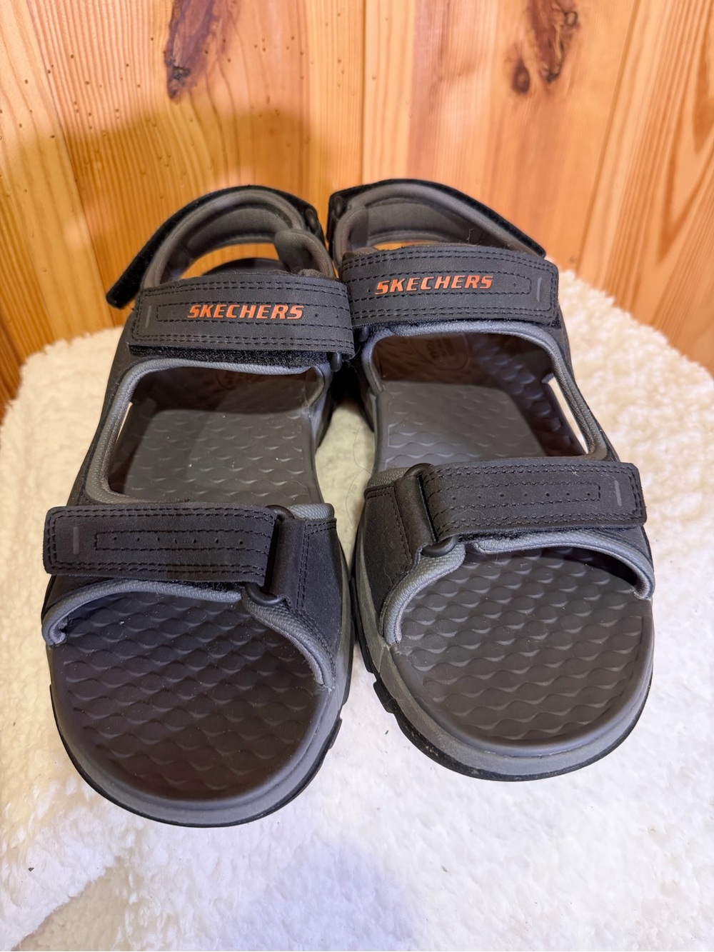 Skechers Women’s Black Sandals with Orange Logo Accents Velcro Size 8